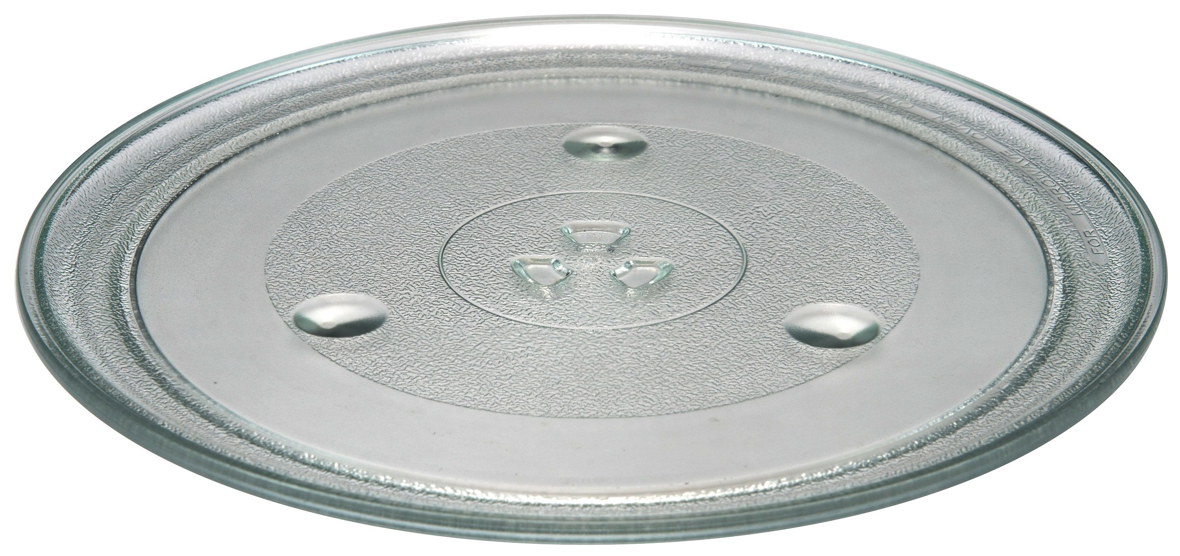 Przezroczysty szklany talerz do kuchenki mikrofalowej o okrągłym kształcie i trzech wspornikach.