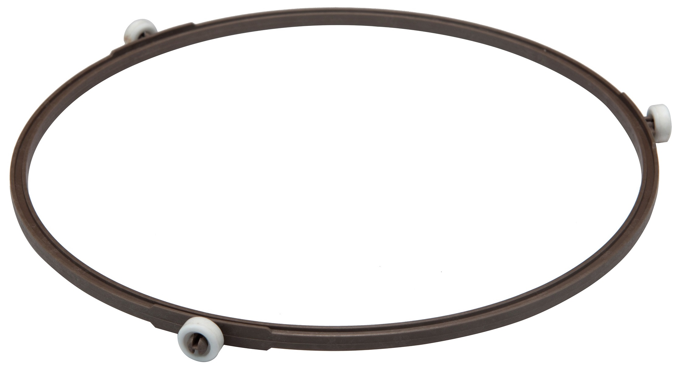 Brązowy pierścień do kuchenki mikrofalowej z białymi rolkami, na białym tle.