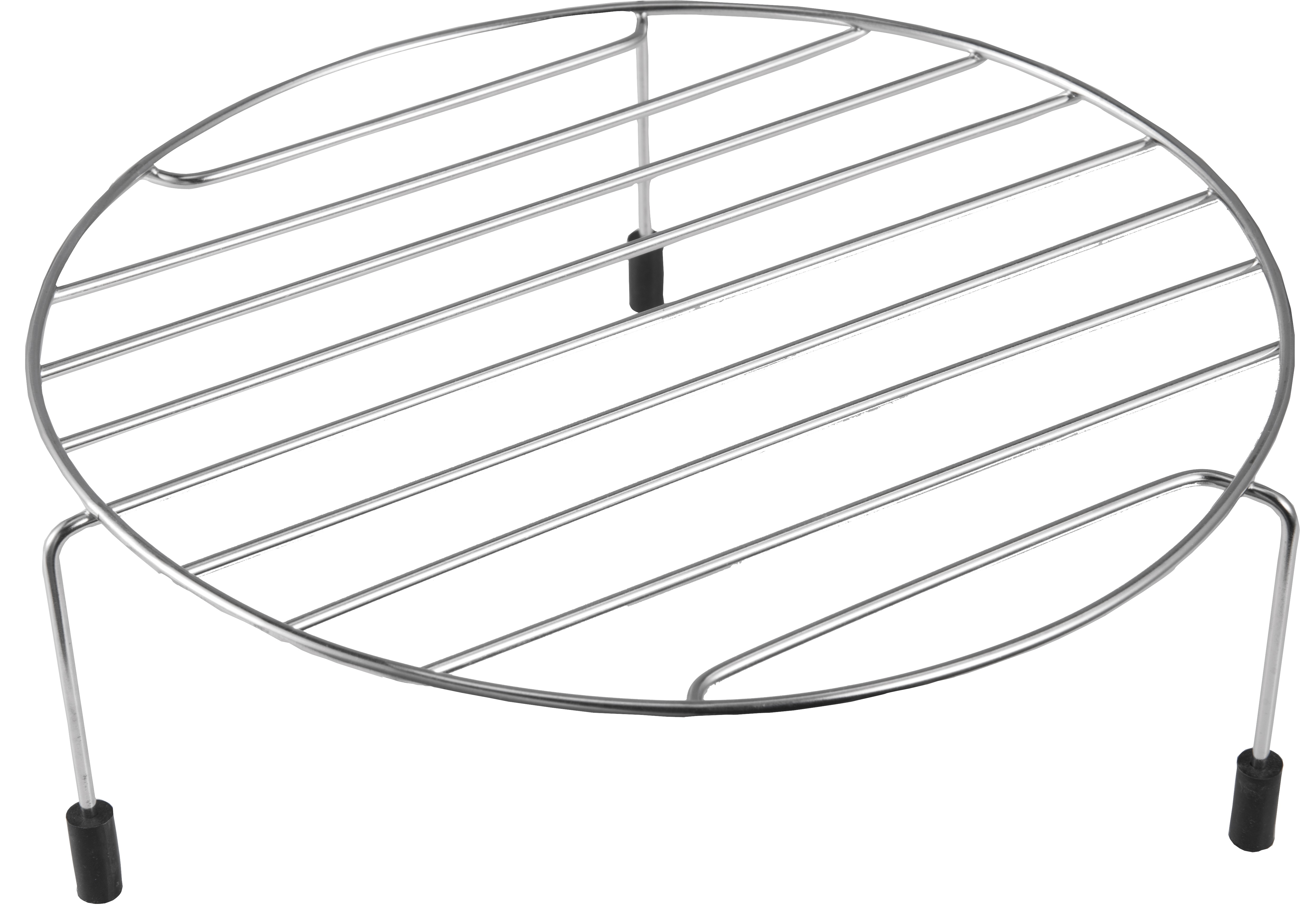 Okrągły, chromowany ruszt druciany z nóżkami.