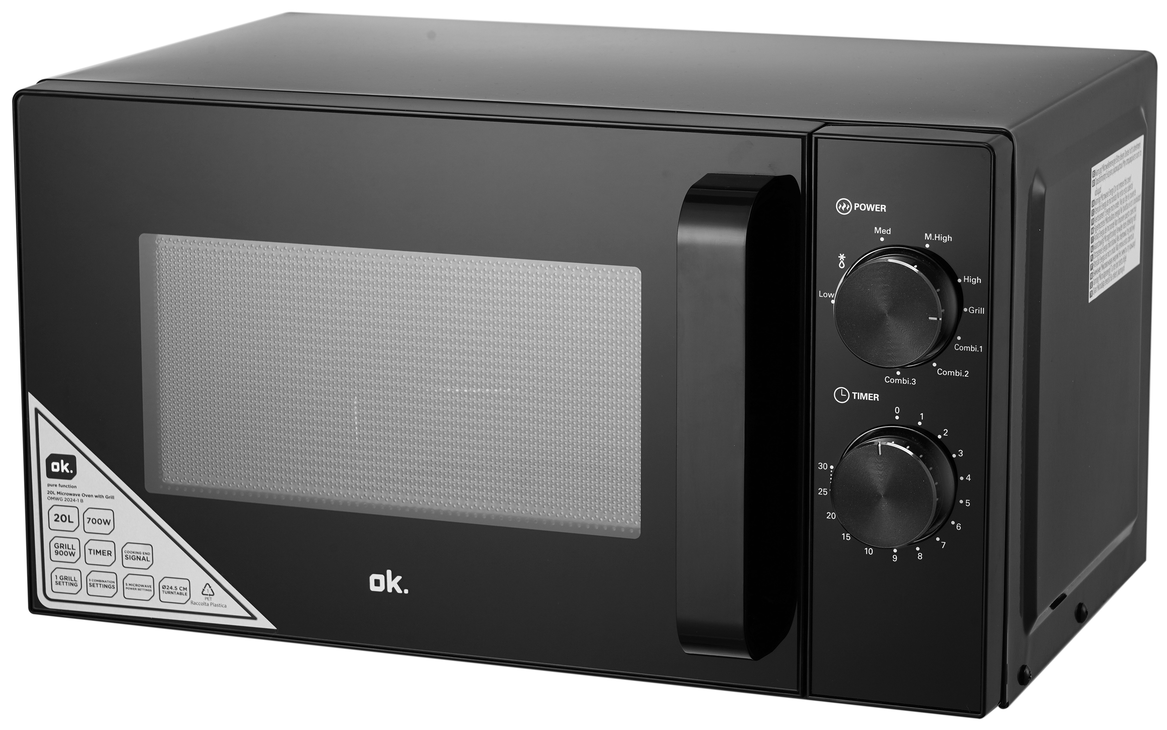 Czarna kuchenka mikrofalowa ok. z pokrętłami i timerem.