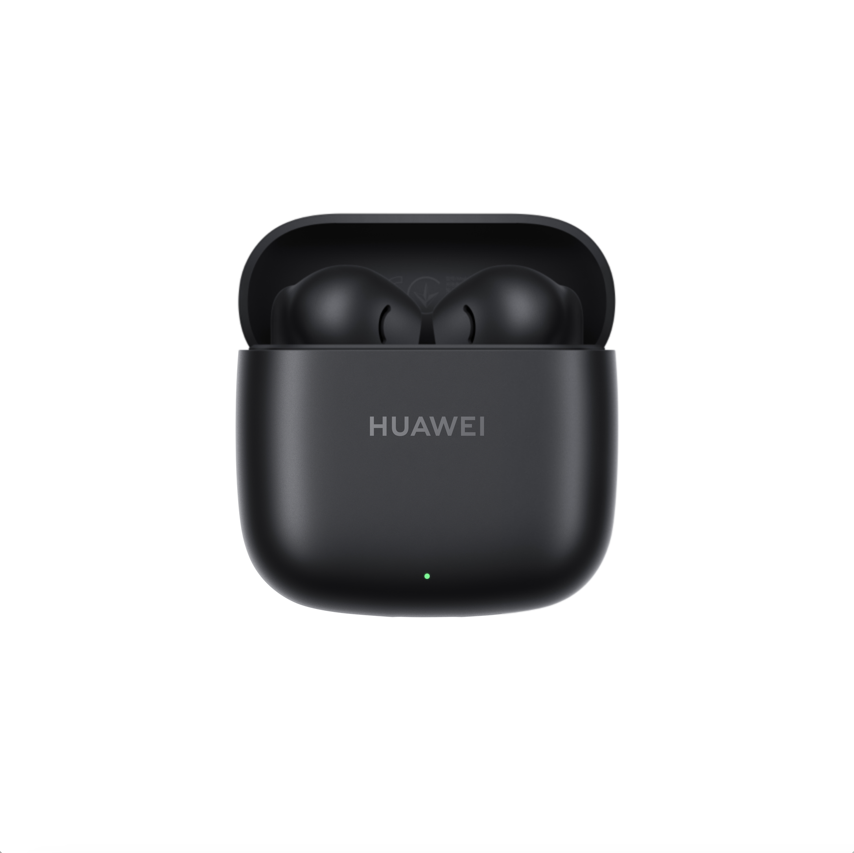 Siyah Huawei kulaklıkları şarj kutusunda. Beyaz zemin. Yeşil ışık şarjı gösterir.