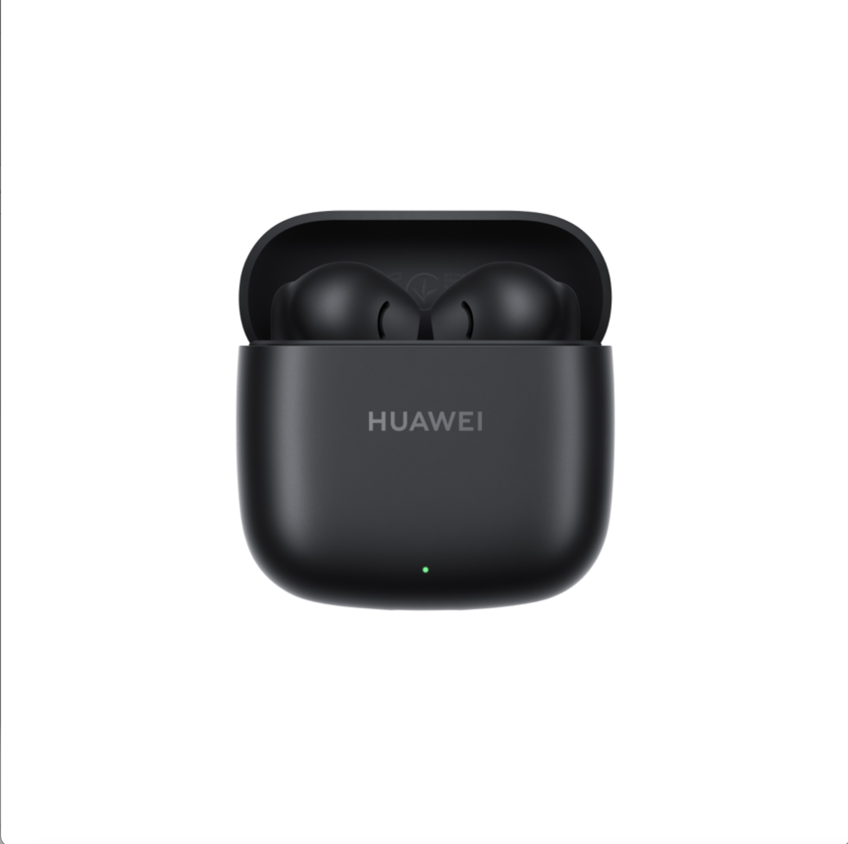 Açık bir şarj kutusunda siyah Huawei kulaklıkları. Kutu üzerinde Huawei logosu var.