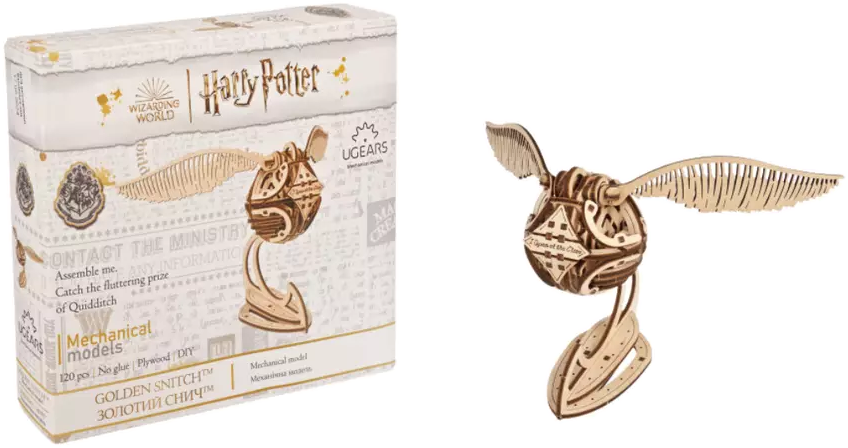 Harry Potter Golden Snitch modellkészlet, fa doboz és összeszerelt Snitch.