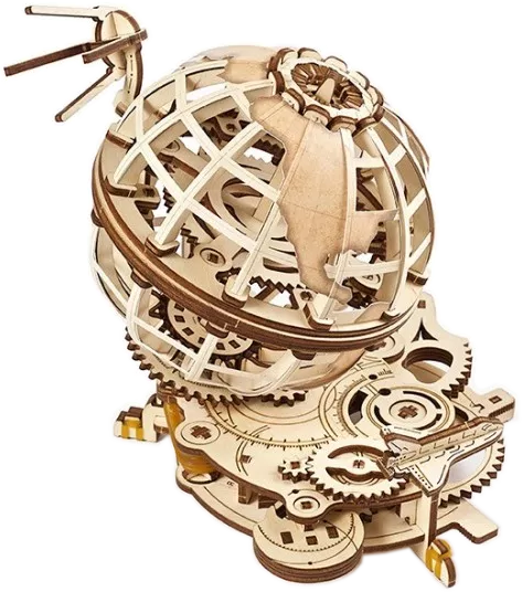 Egy fa földgömb puzzle fogaskerekekkel és alappal. A Föld részletes modellje.