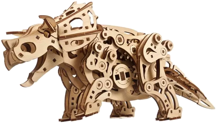 Egy fából készült Triceratops dinoszaurusz modell látható fogaskerekekkel és egymásba illeszkedő darabokkal.