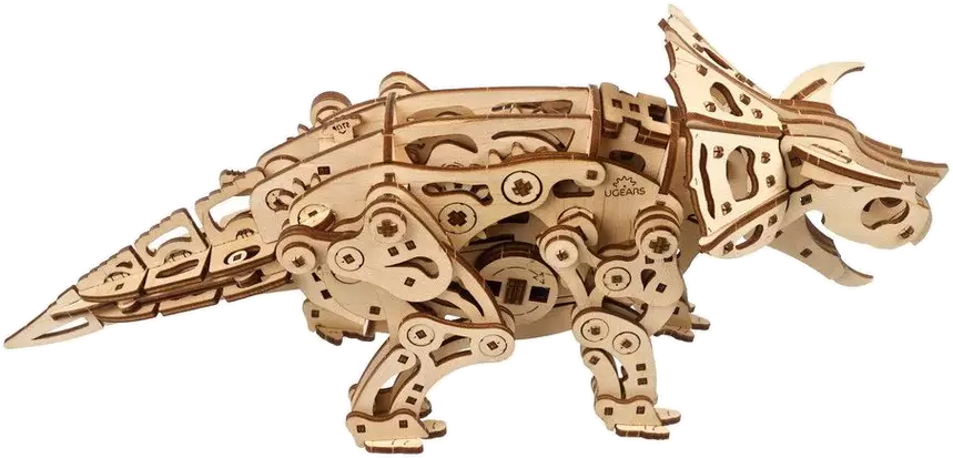 Egy fából készült dinoszaurusz modellkészlet, összeszerelve. Ez egy Triceratops. A modell sok részből áll.