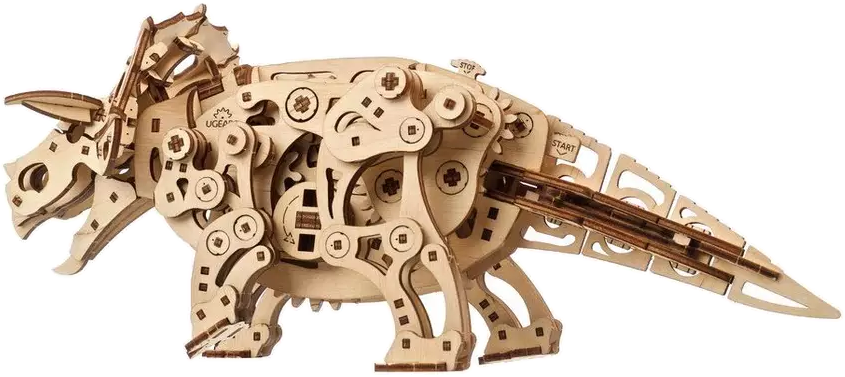 Egy fából készült dinoszaurusz modell. Egy triceratops látható mechanikus részletekkel.