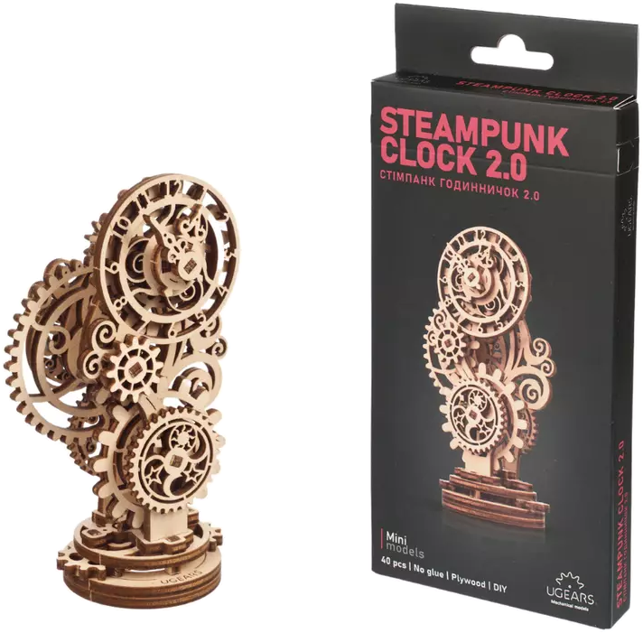 Steampunk óramodell készlet, összeállított óra és csomagolás szöveggel.