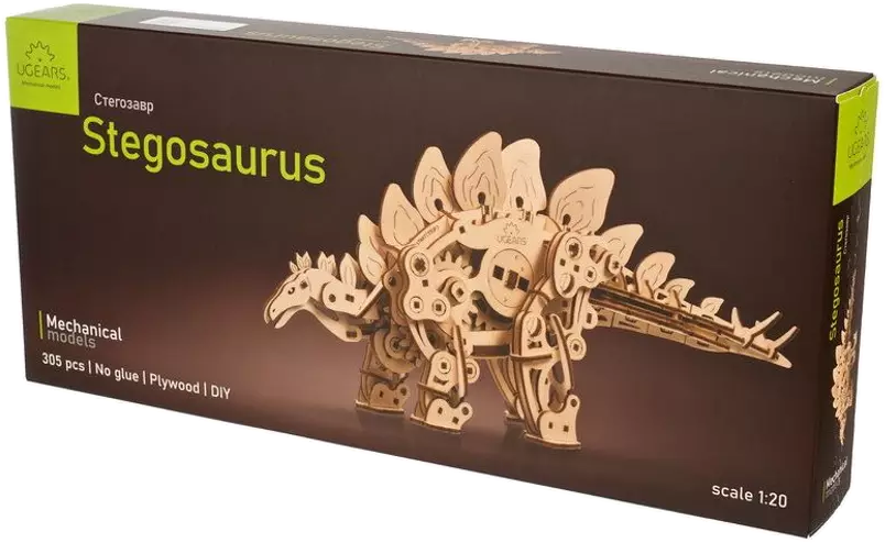Egy Stegosaurus fa modell egy dobozon. Szöveg: Stegosaurus, Mechanical models, 305 db.