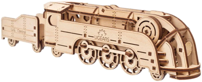 Fa modellvonat: UGEARS Central, kerekekkel és részletes testtel. Világosbarna szín.