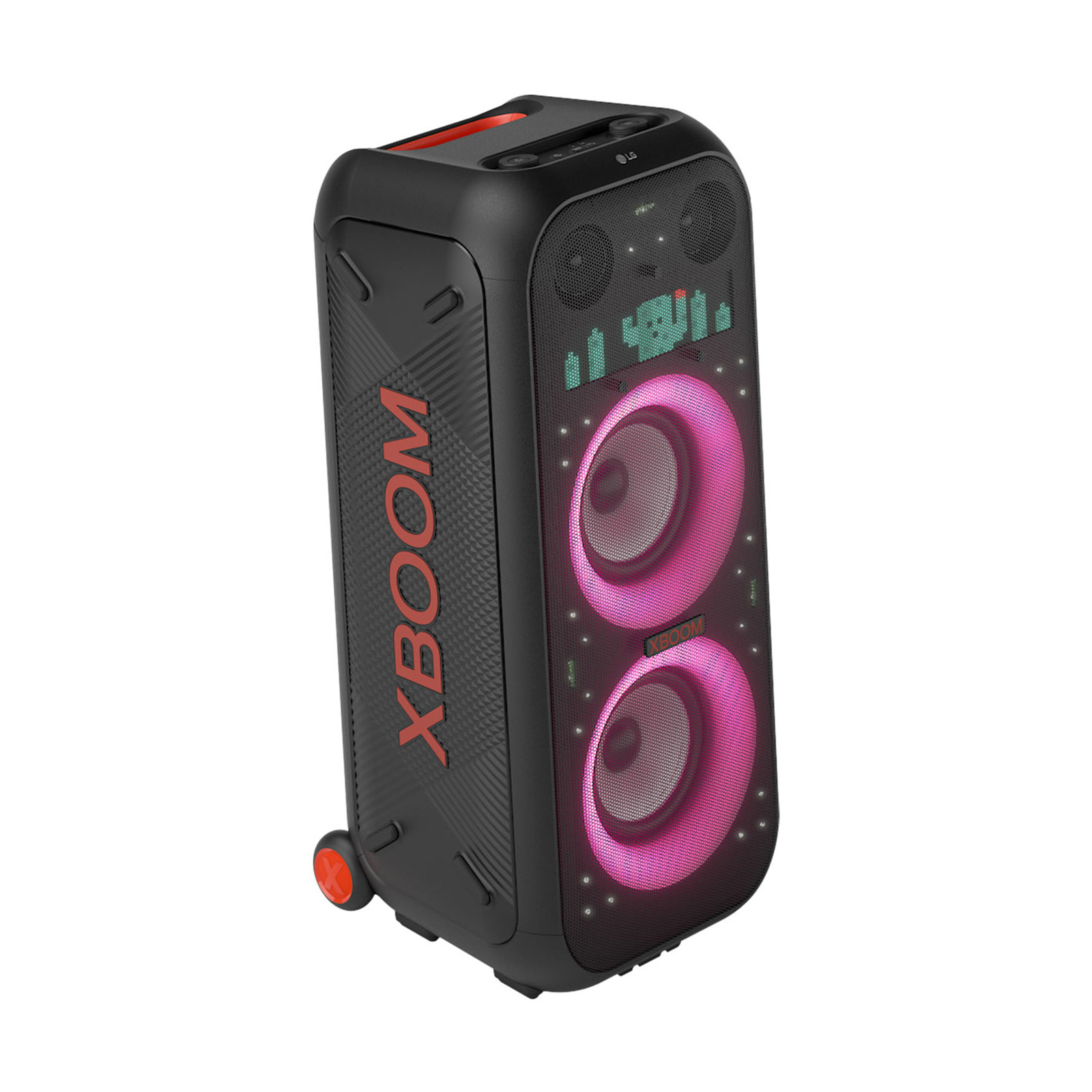 Siyah ve kırmızı LG XBOOM hoparlör. Hoparlörde iki büyük pembe daire var ve tekerlekler üzerinde duruyor.