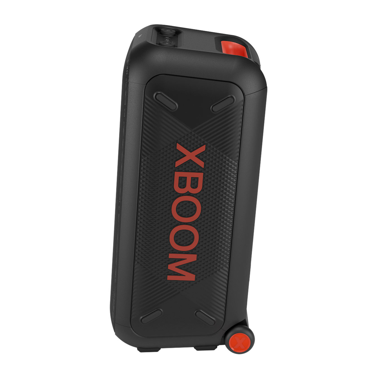 Kırmızı detaylı siyah LG XBOOM hoparlör. Dikdörtgen şeklinde ve bir tutacağı var. 'XBOOM' kırmızı renkte.