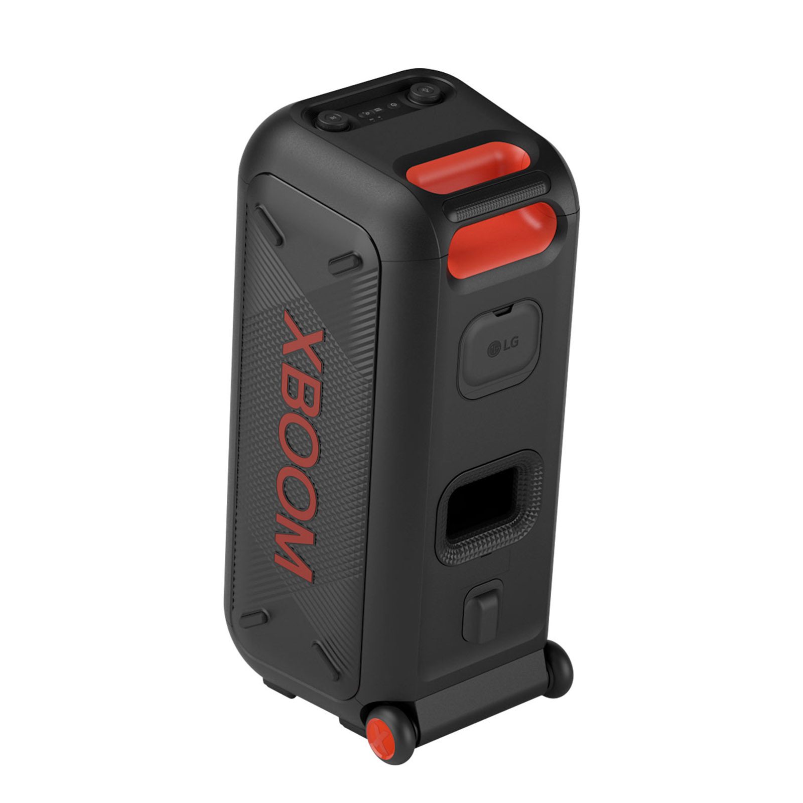 Siyah ve kırmızı bir LG XBOOM hoparlör. İki tekerleği ve bir taşıma kolu var.