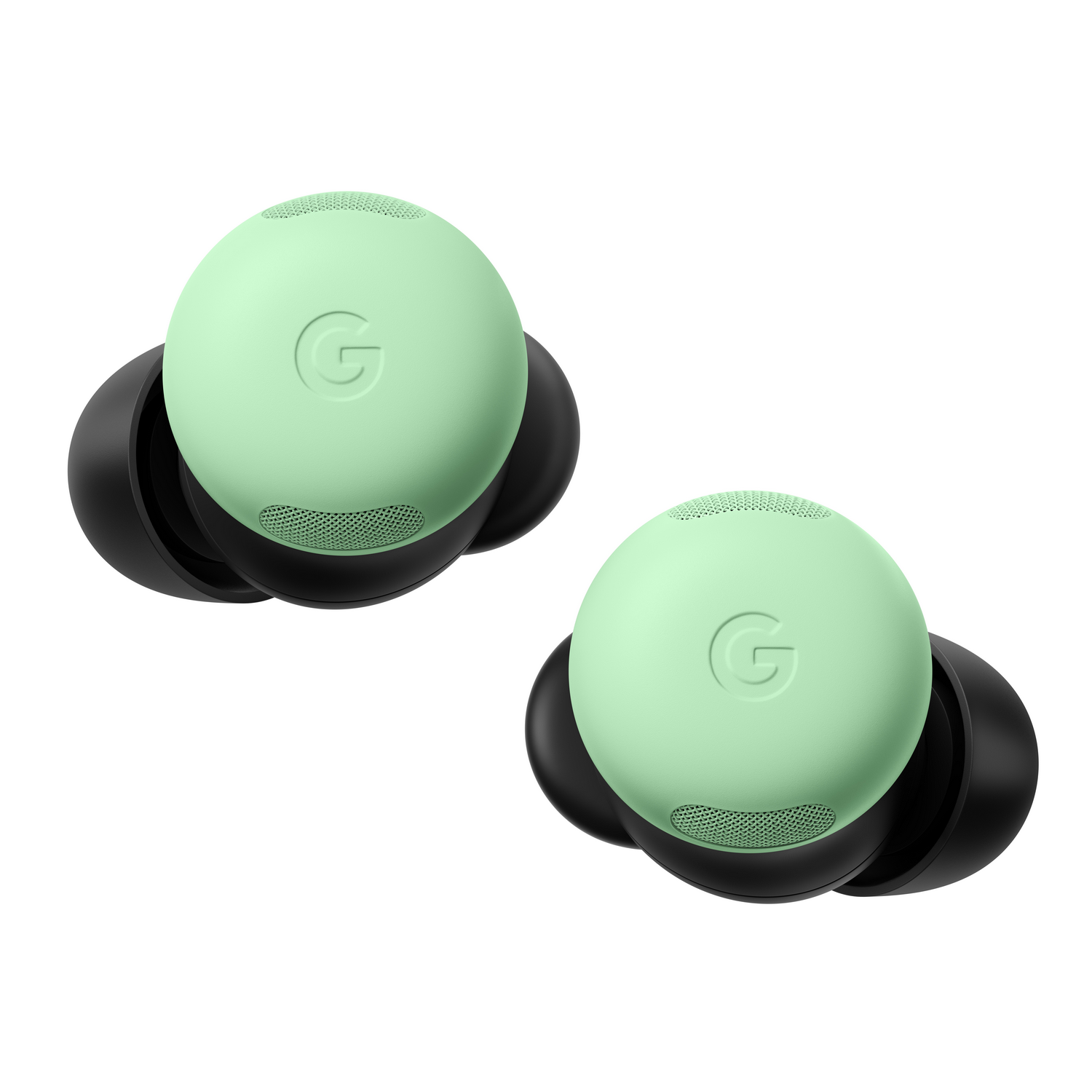 Un par de auriculares Google Pixel verde menta con puntas negras. Están sobre un fondo blanco.