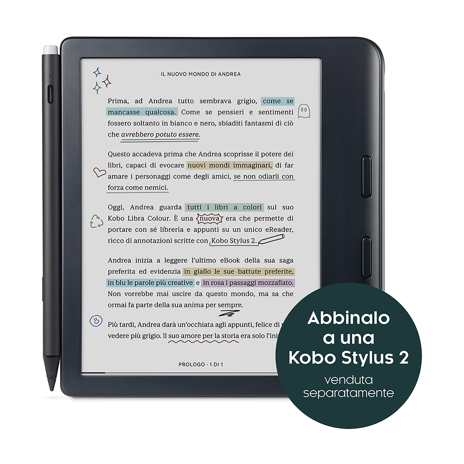 E-reader nero con stilo su una superficie bianca. Lo schermo mostra testo con parole evidenziate.