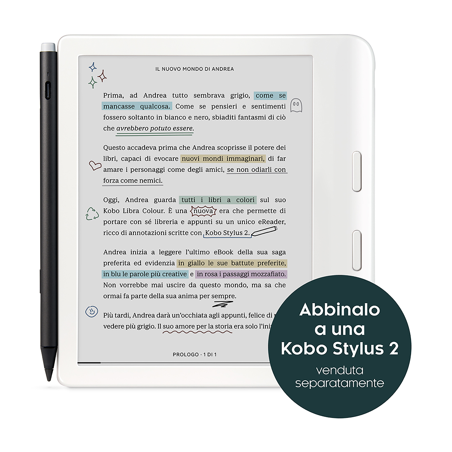 E-reader con testo e stilo. Ha un corpo bianco e uno stilo nero a sinistra.