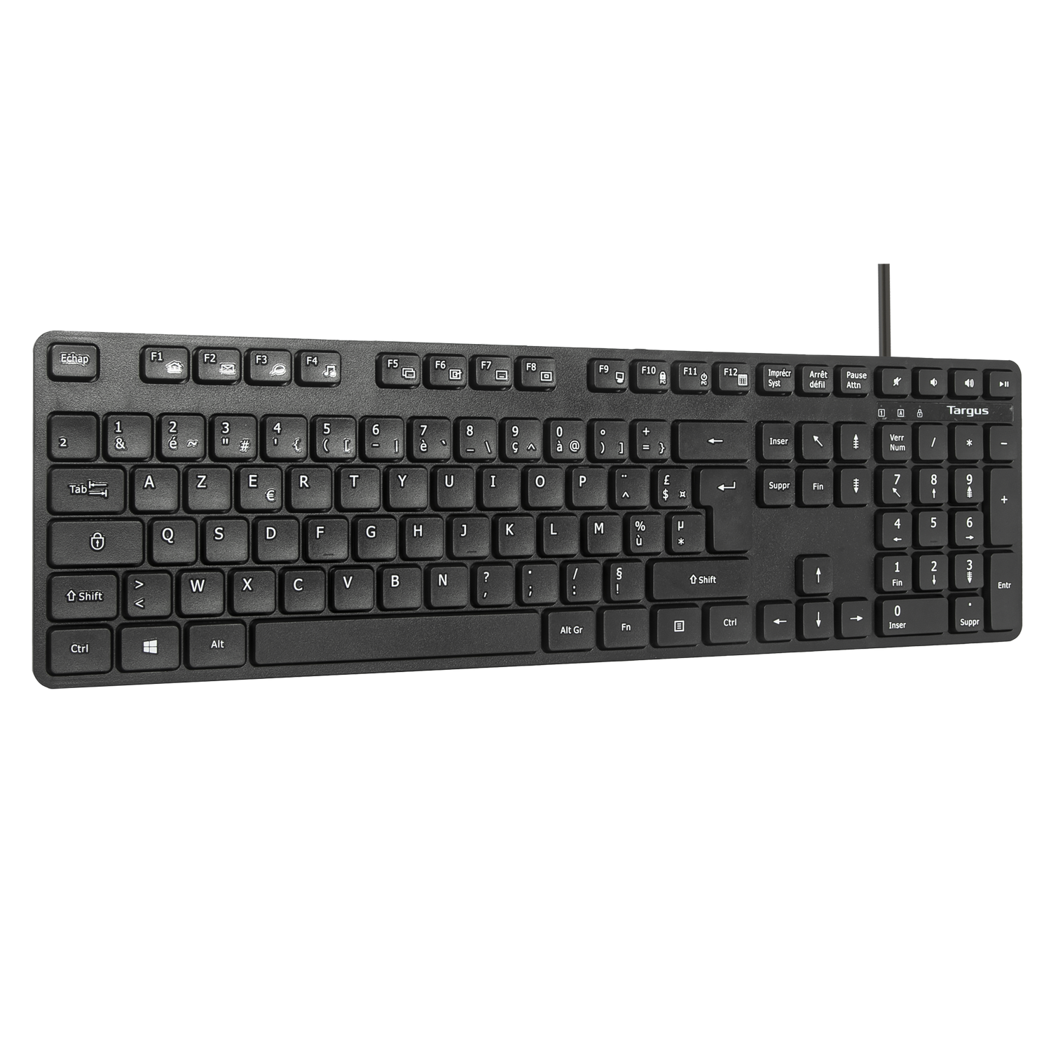 Un teclado negro con teclas blancas, visto desde arriba sobre un fondo negro.