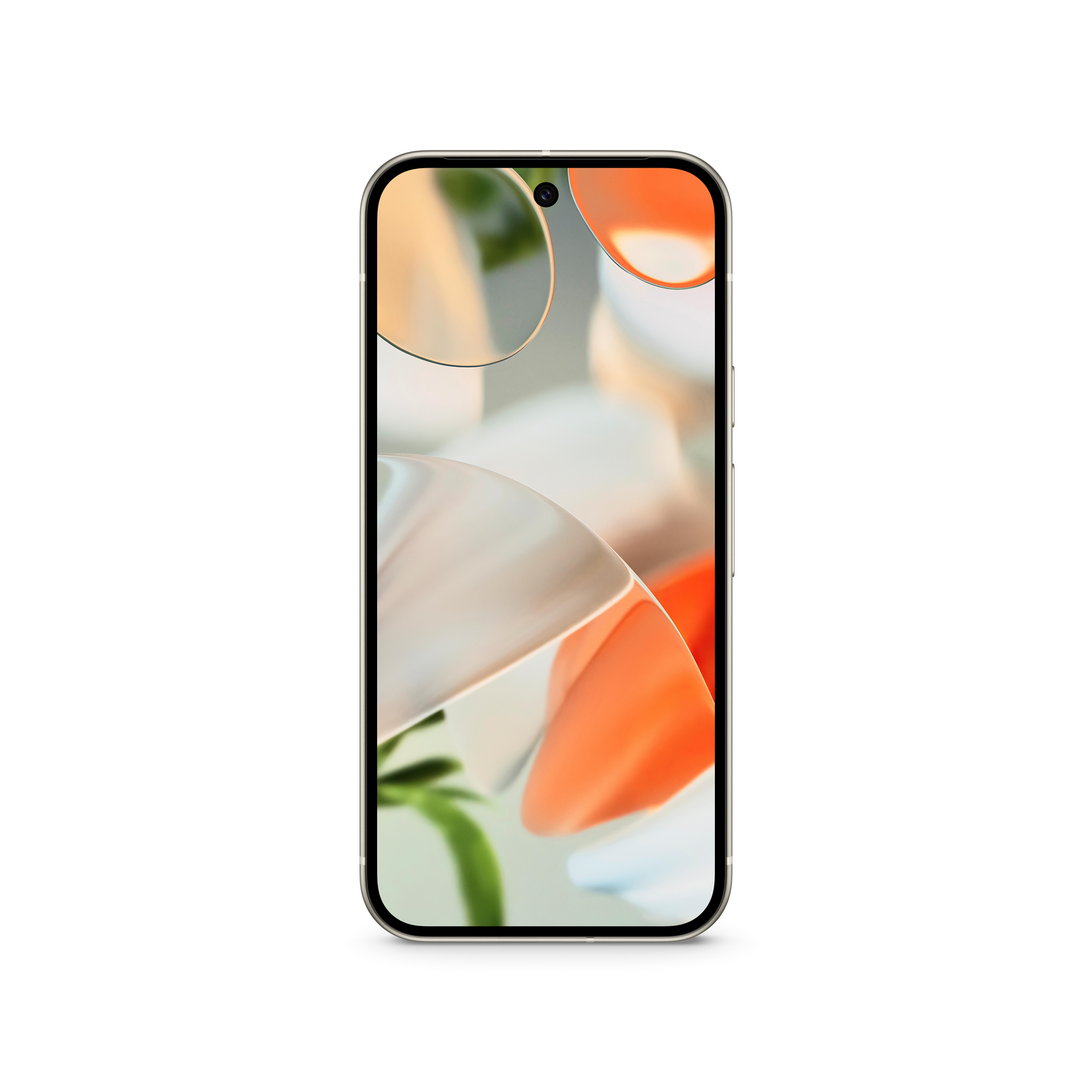 Un teléfono inteligente con un fondo abstracto y colorido en la pantalla, sobre una superficie blanca.