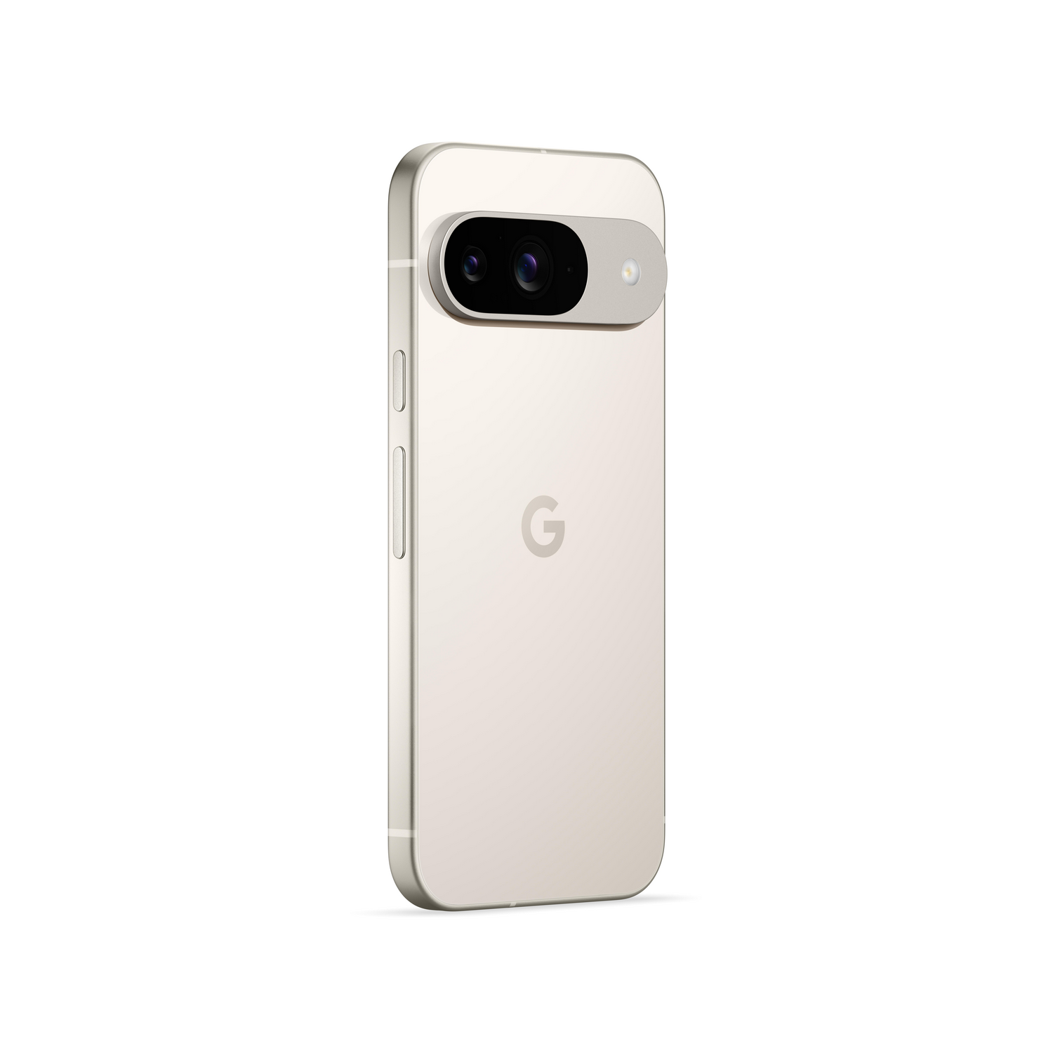 Teléfono Google Pixel color crema, mostrando la parte trasera con cámaras duales y logo 'G'.
