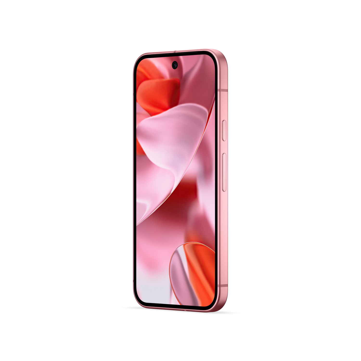 Smartphone rosa, vista lateral, mostrando botones y cámara. Pantalla con diseño abstracto rosa y naranja.