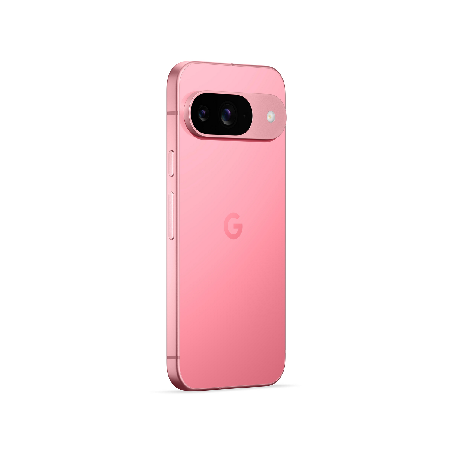 Teléfono Google Pixel 7 rosa, cámara arriba a la izquierda, vista trasera.