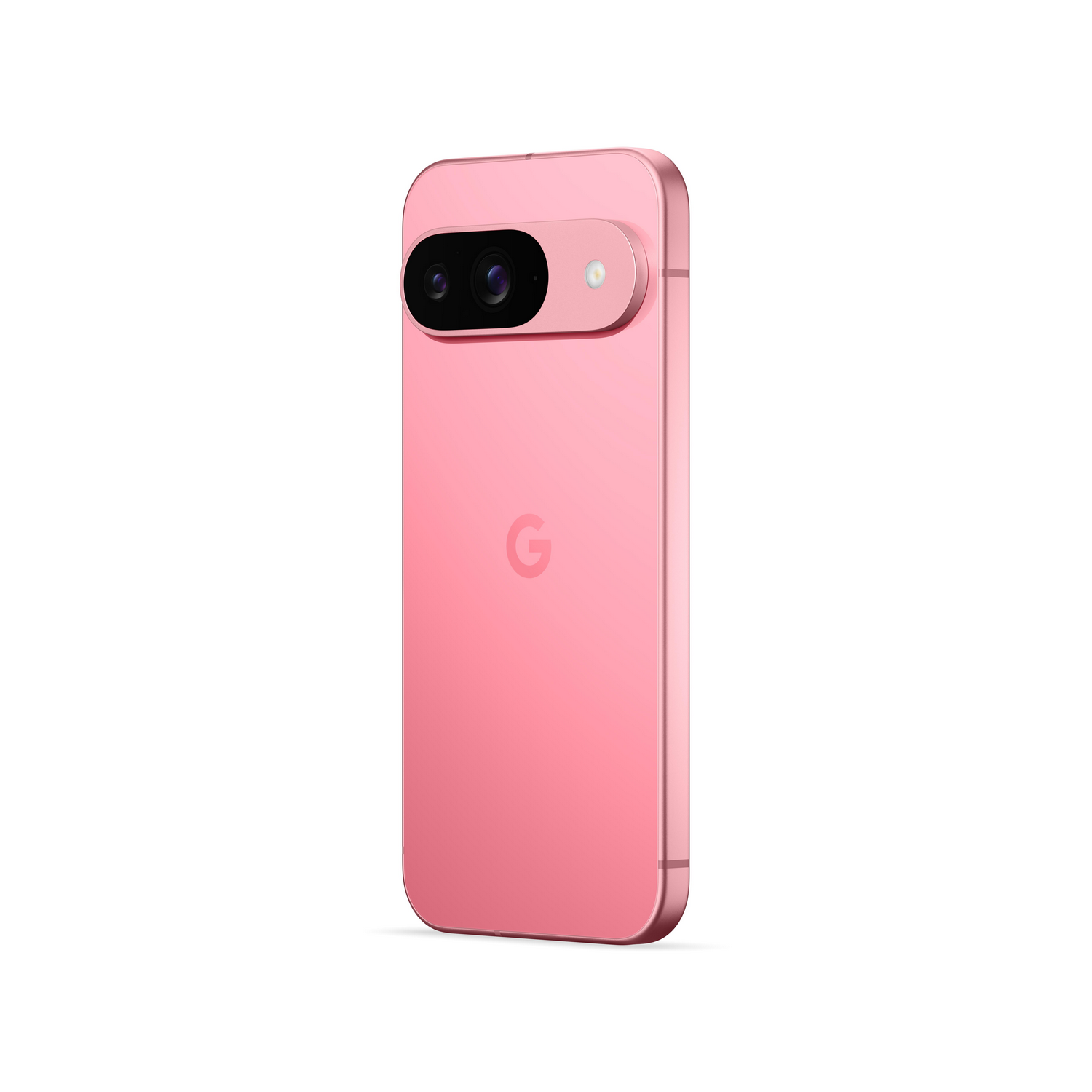 Teléfono Google Pixel rosa. Vista trasera, con barra de cámara y logo.