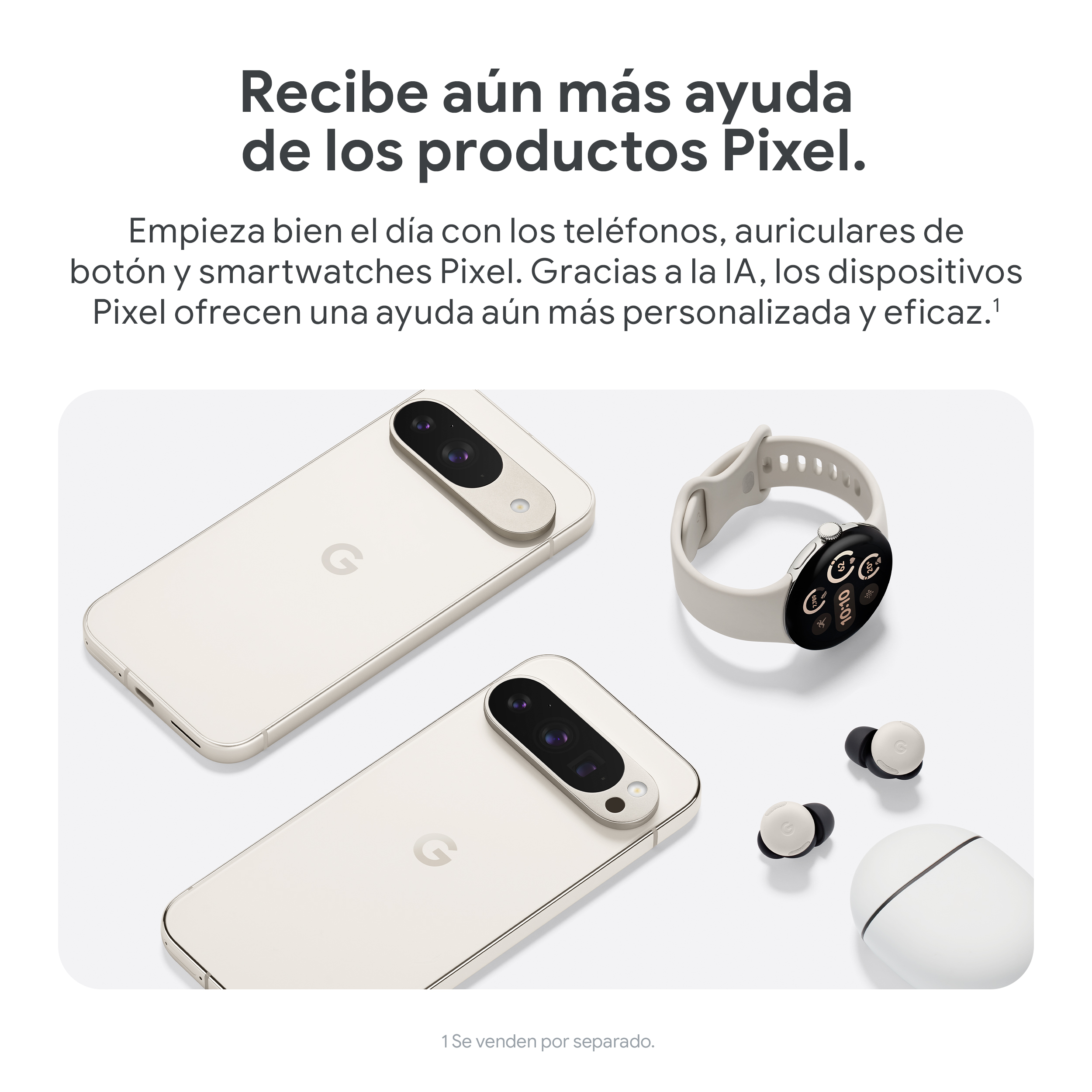 Un conjunto de dispositivos Pixel, incluidos teléfonos, auriculares y un reloj inteligente.