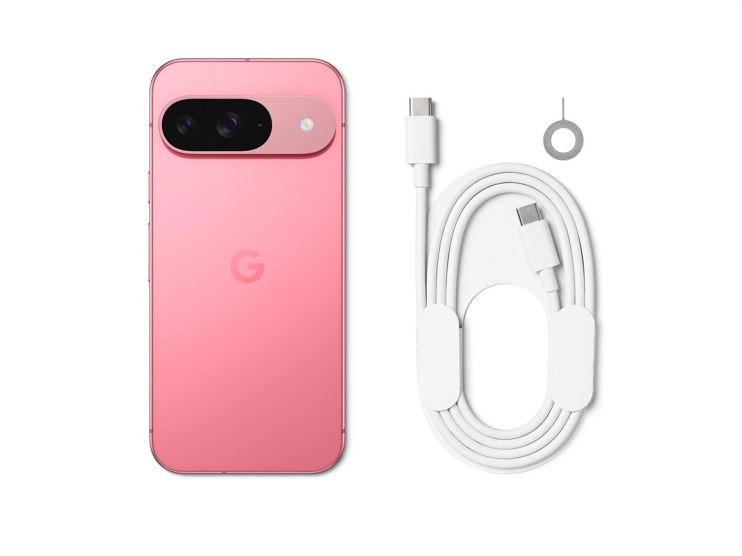 Un teléfono rosa, un cable USB-C blanco y una herramienta para tarjeta SIM sobre fondo blanco.