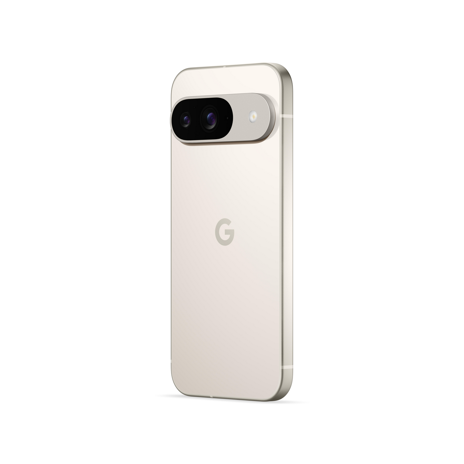 Smartphone beige, vista trasera, con un módulo de cámara de doble lente y un logotipo de Google.