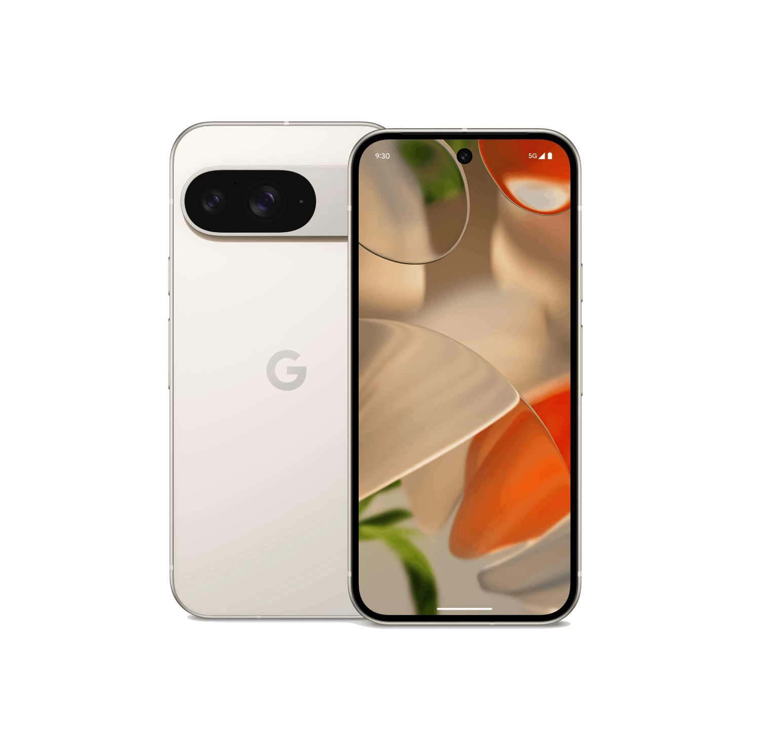 Teléfono Pixel blanco roto con doble cámara. Pantalla muestra hora, 5G y diseño floral abstracto.