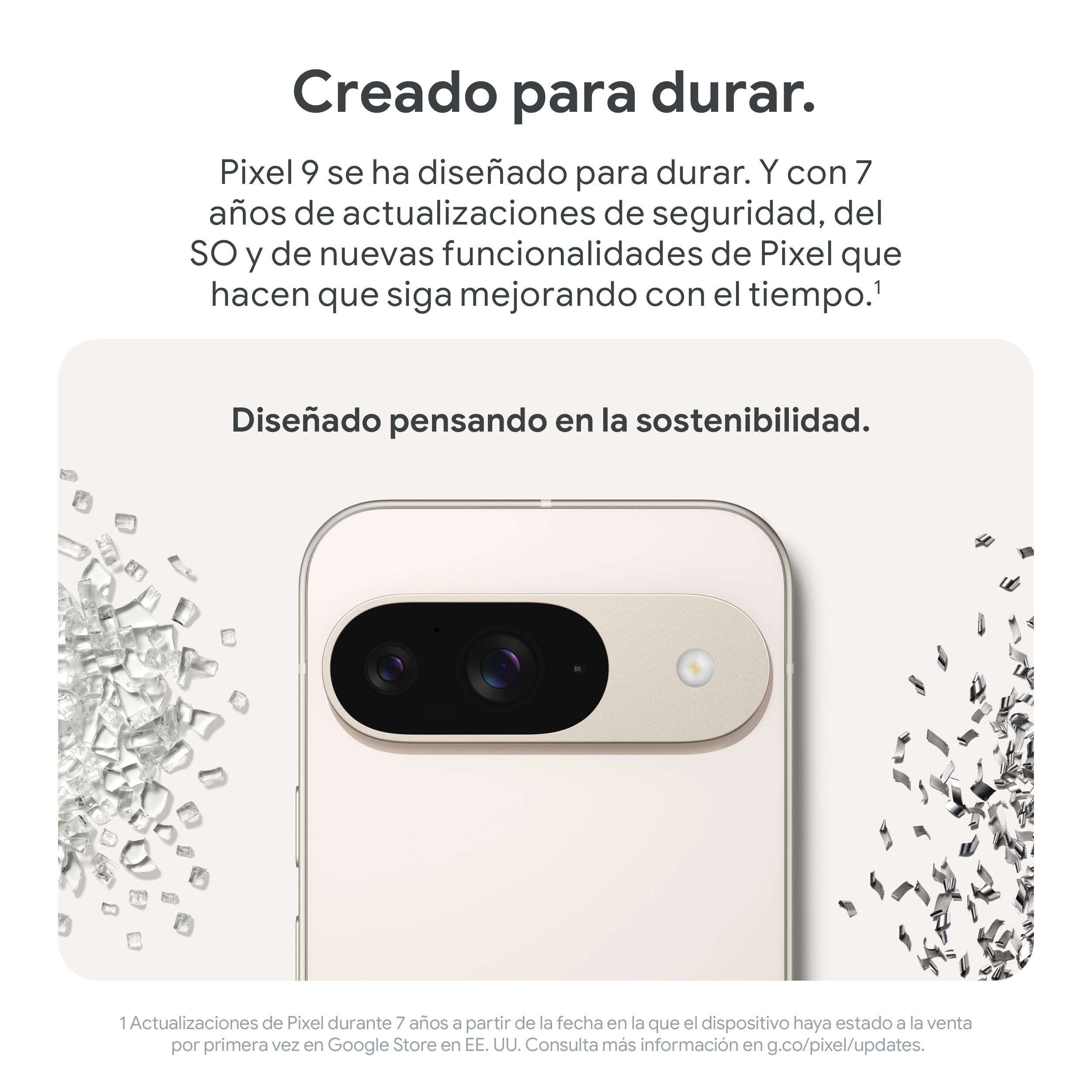 Un anuncio de un teléfono, con el teléfono y vidrio roto sobre un fondo blanco.