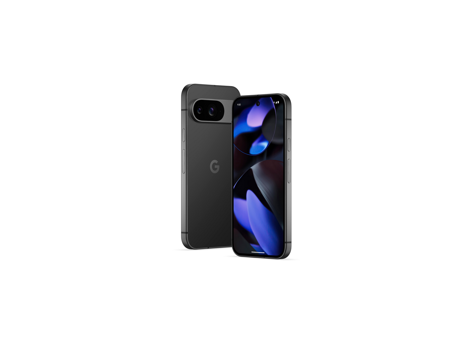 Smartphone negro, frontal y trasero. Muestra pantalla con diseño abstracto morado y negro.