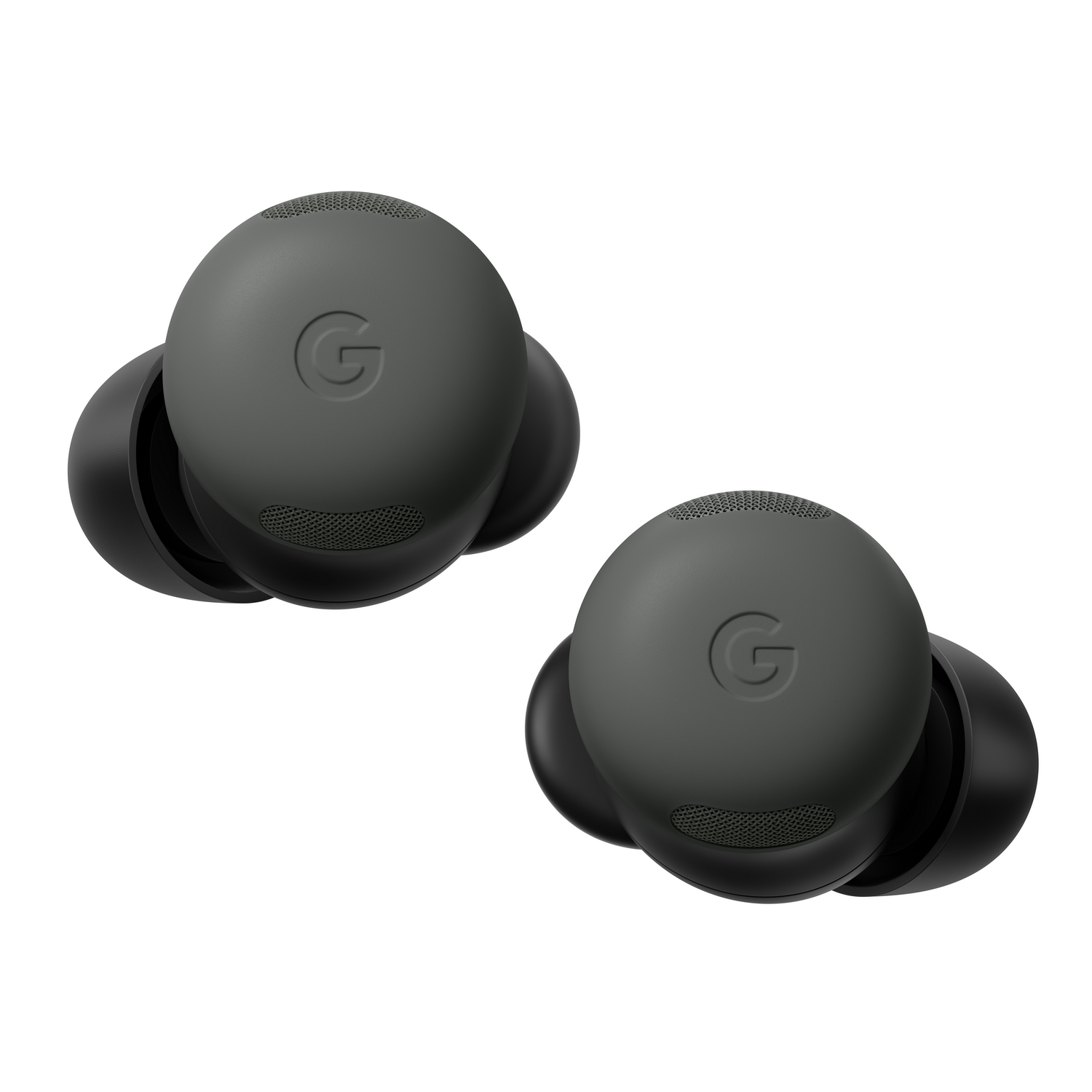 Dos auriculares inalámbricos verde oliva con logo 'G', aislados sobre fondo blanco.
