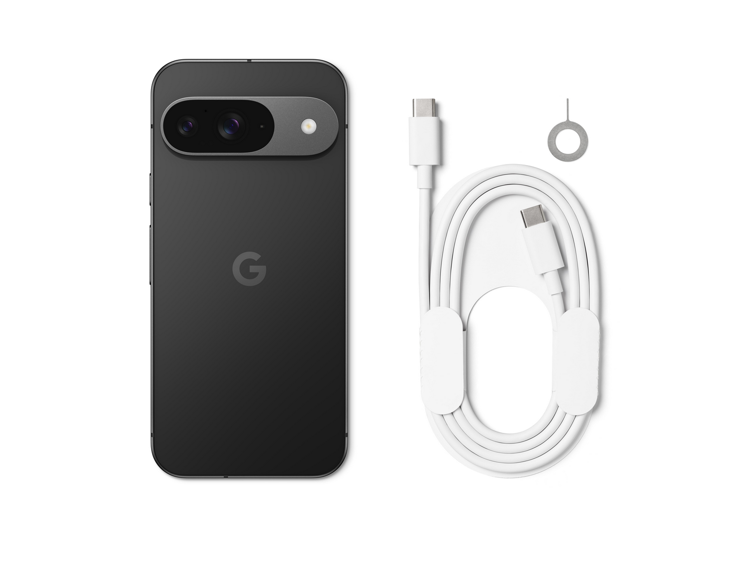 Vista trasera de un Google Pixel 7 negro, con una barra de cámara y un cable USB-C blanco.