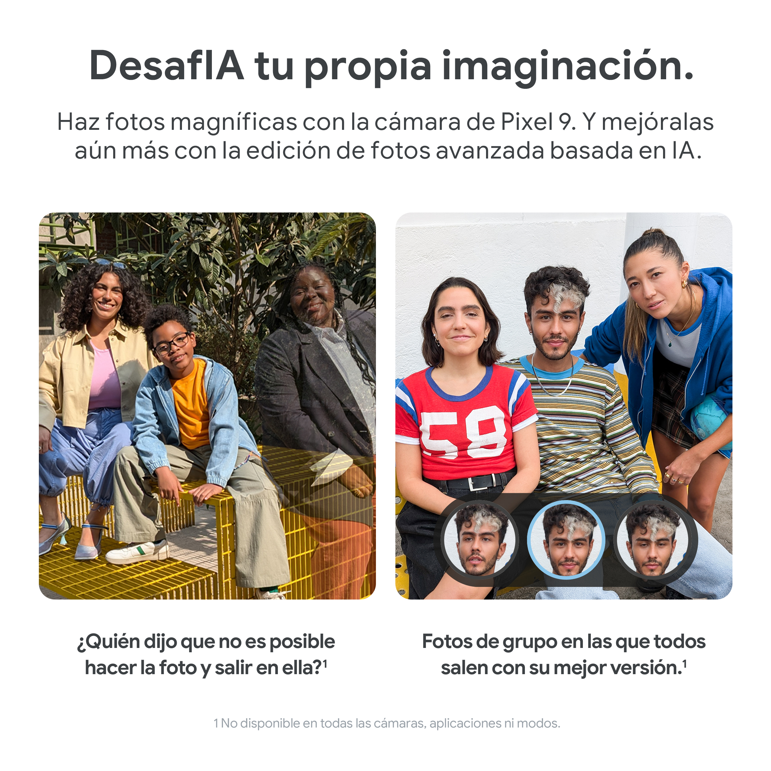 Grupo de personas diversas, dos fotos juntas. Texto: Desafía tu imaginación. Fotos grupales en la mejor versión.