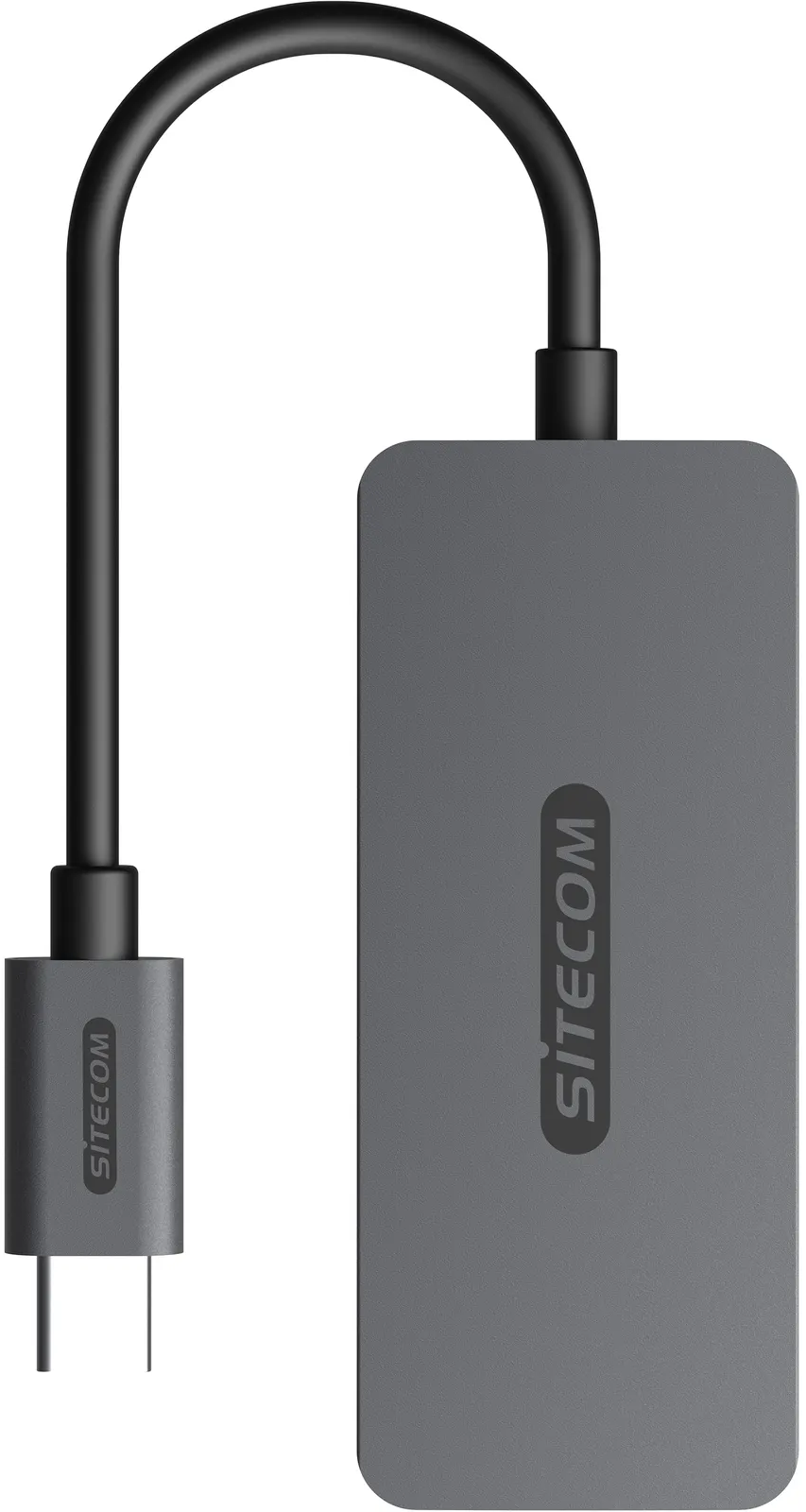 Ein grauer Sitecom USB-C-zu-USB-A-Adapter. Er hat ein Kabel und einen rechteckigen Körper.