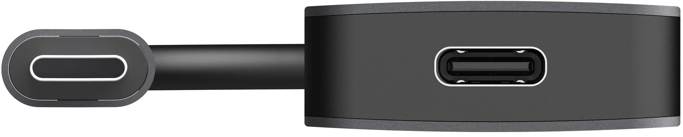 Schwarzer USB-C-Hub mit zwei USB-C-Anschlüssen. Eine Seite hat einen USB-C-Anschluss.