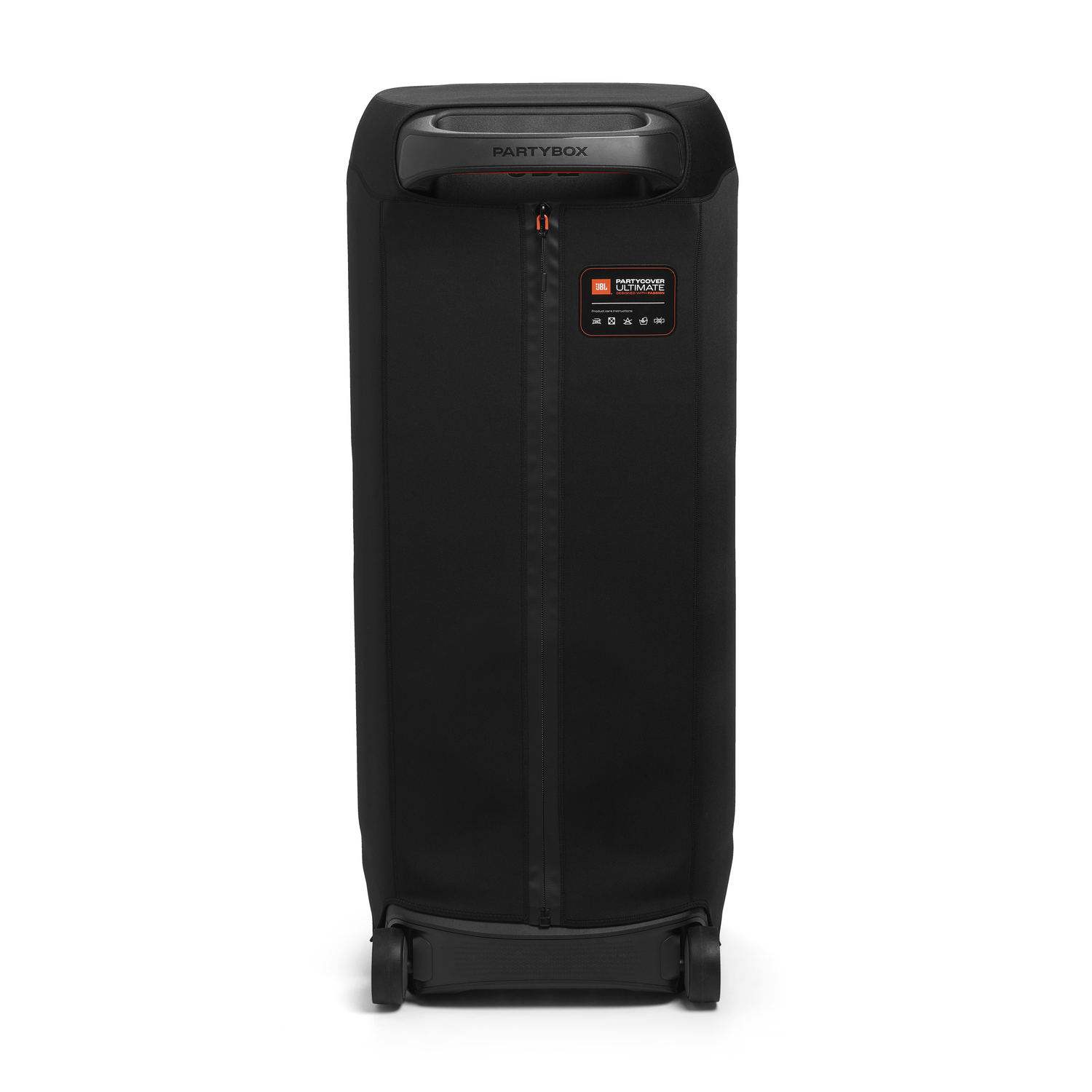 Zwarte JBL PartyBox luidspreker, met rits, wielen zichtbaar en het logo.
