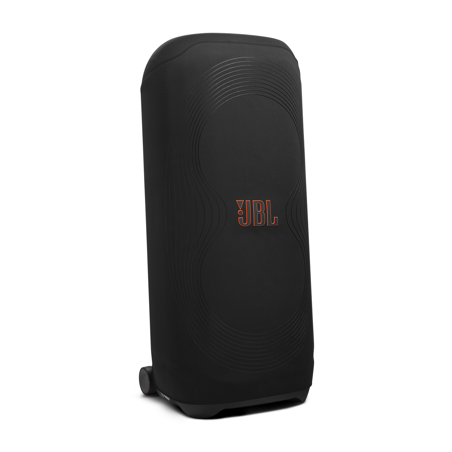 Een zwarte JBL-luidspreker met oranje logo, geïsoleerd op een witte achtergrond.