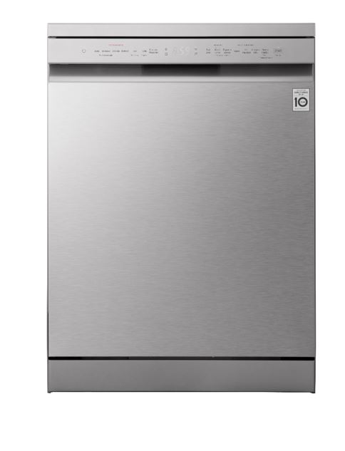 Gümüş LG bulaşık makinesi, kontroller ve LG logosu. Beyaz zemin.