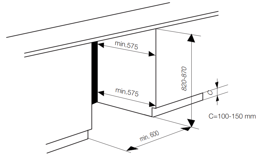 A diagram a konyhai páraelszívó beszereléséhez szükséges méreteket mutatja. A minimális hely 575 mm, a magasság 820-870 mm.
