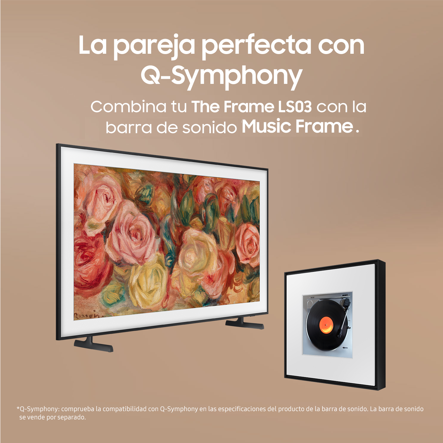 TV mostrando obras de arte, con barra de sonido y texto en español sobre Q-Symphony.