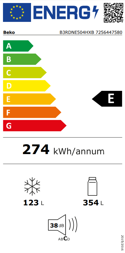 Energia címke egy Beko hűtőszekrényhez, energiahatékonysági információkkal.