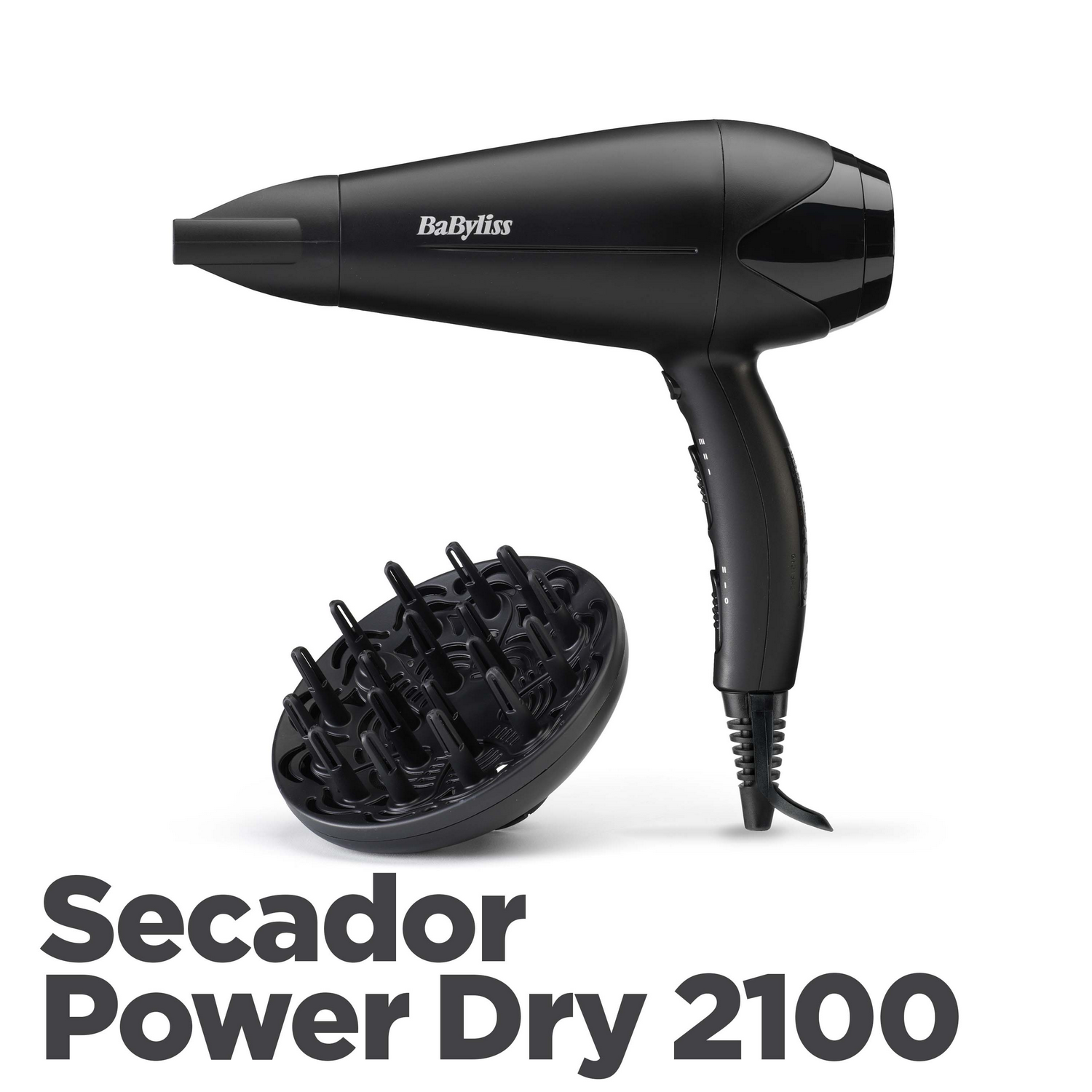 Secador de pelo negro con accesorio difusor y texto 'Secador Power Dry 2100'.