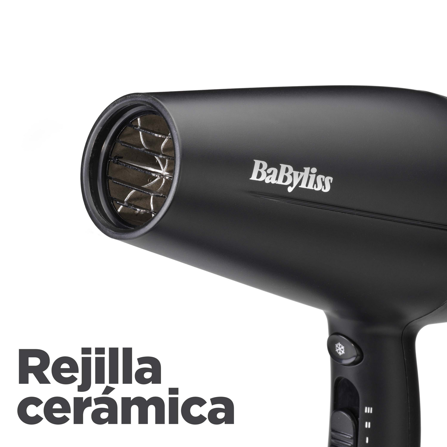 Secador de pelo negro con logo 'BaByliss' y texto 'rejilla cerámica' sobre blanco.