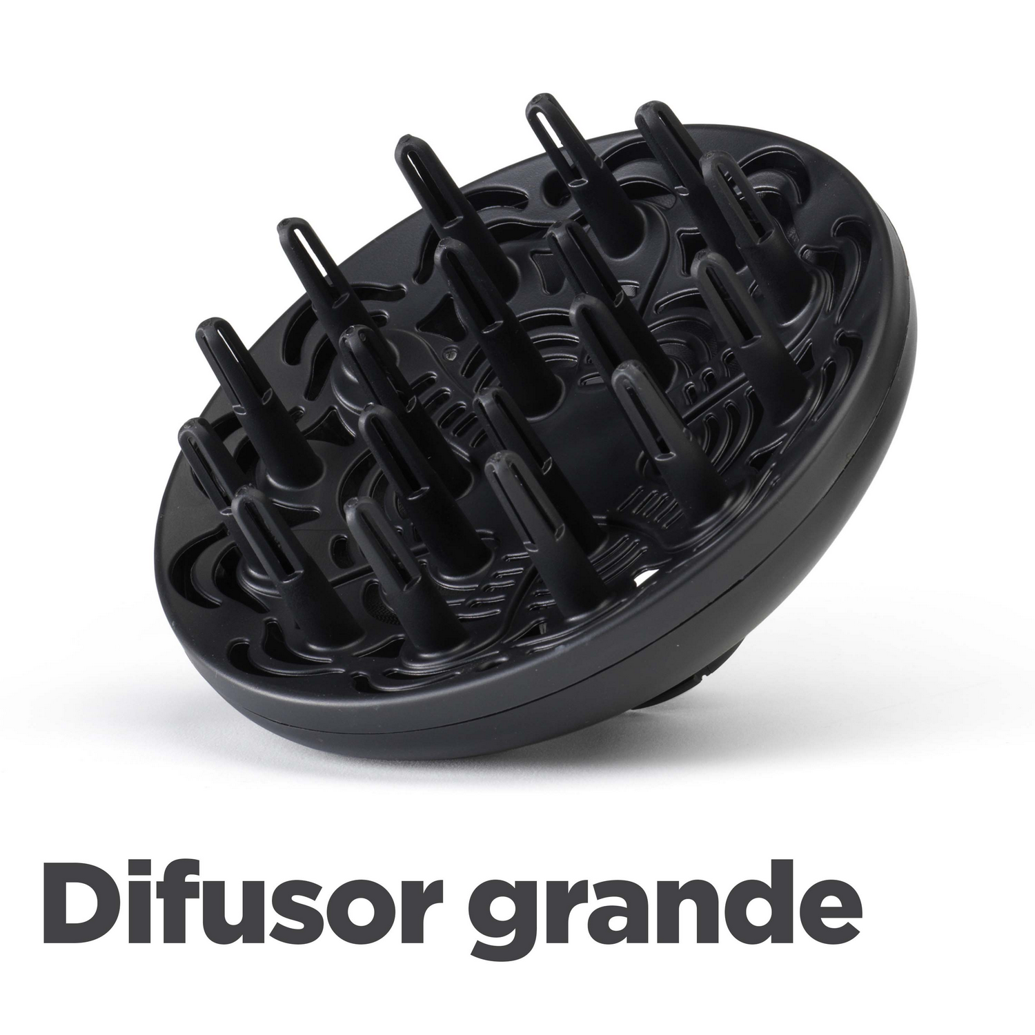Un difusor de secador de pelo negro, aislado en blanco, con texto 'Difusor grande'.