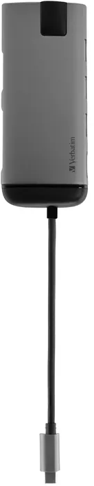 Graues USB-Gerät mit schwarzem Stecker und Kabel.