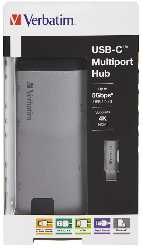 Verbatim USB-C-Multiport-Hub. Silberner Hub in einer Box mit Anschlüssen.