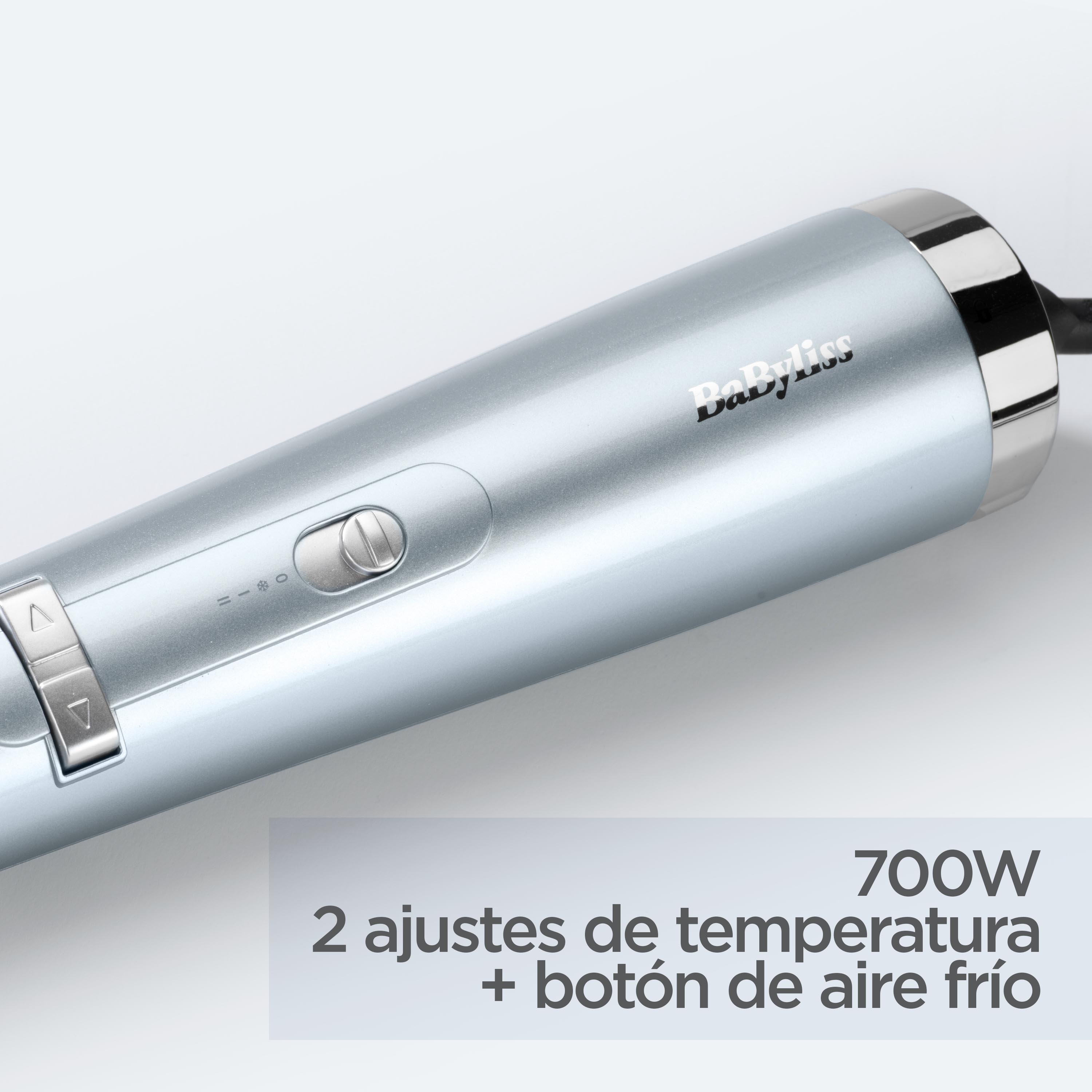 Primer plano de una herramienta azul para peinar el cabello con botón y ajustes de temperatura. Texto en español.