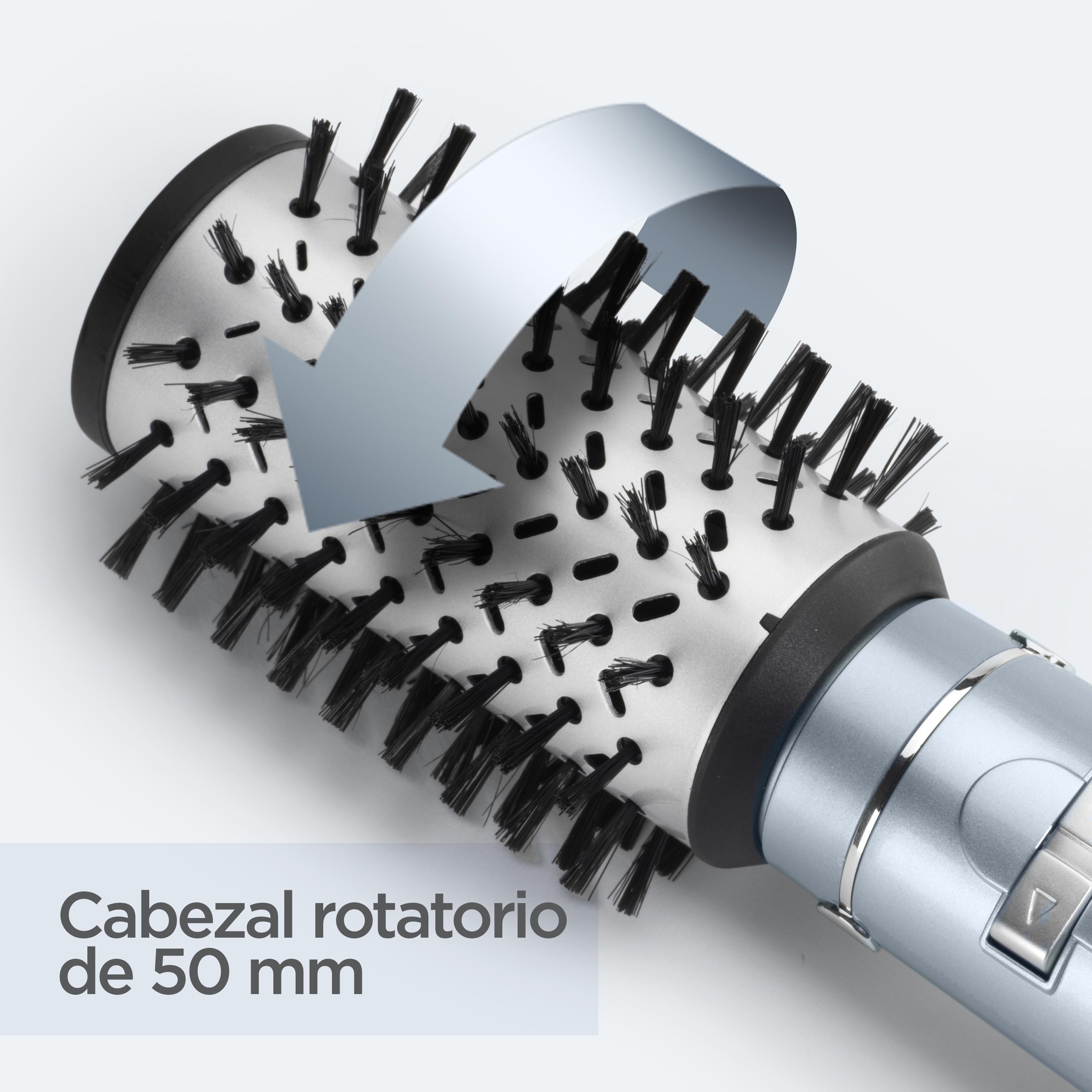 Cepillo secador de pelo, cabezal giratorio con cerdas y una flecha.